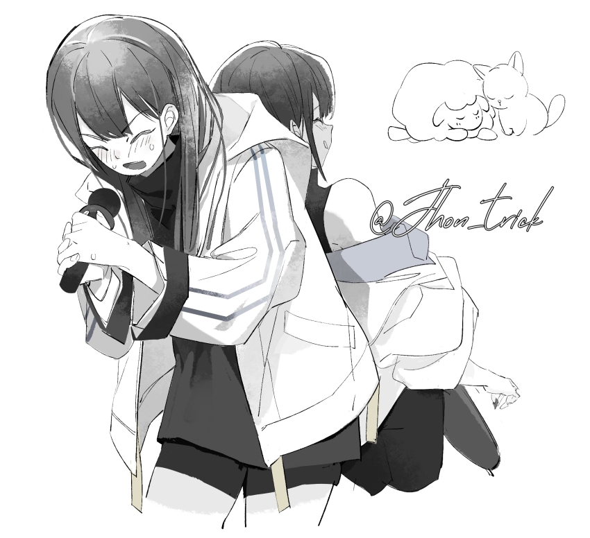 2girls aoki_hina bang_dream! bang_dream!_it&#039;s_mygo!!!!! blush cat chinese_commentary closed_eyes commentary_request greyscale highres holding holding_microphone holding_plectrum jacket jhon_trick long_hair long_sleeves microphone monochrome multiple_girls name_connection open_mouth plectrum sheep shirt shorts simple_background sleeveless sleeveless_shirt teeth upper_teeth_only voice_actor white_background youmiya_hina