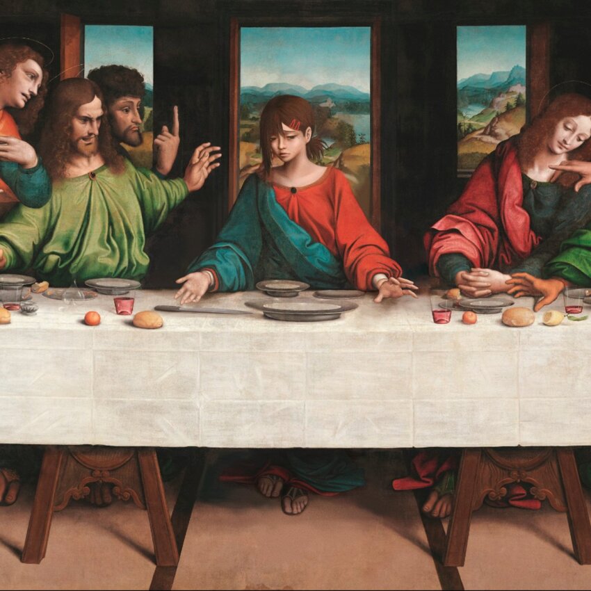 2girls 4boys ancient_greek_clothes blue_sash bread brown_hair chainsaw_man character_request chiton closed_eyes cosplay fine_art_parody food greco-roman_clothes gurumo_(twitter) hair_ornament hairclip halo higashiyama_kobeni highres jesus jesus_(cosplay) knife long_hair long_table looking_at_another looking_to_the_side multiple_boys multiple_girls parody plate pointing pointing_up ponytail sash short_ponytail side_ponytail single_sidelock table tablecloth the_last_supper