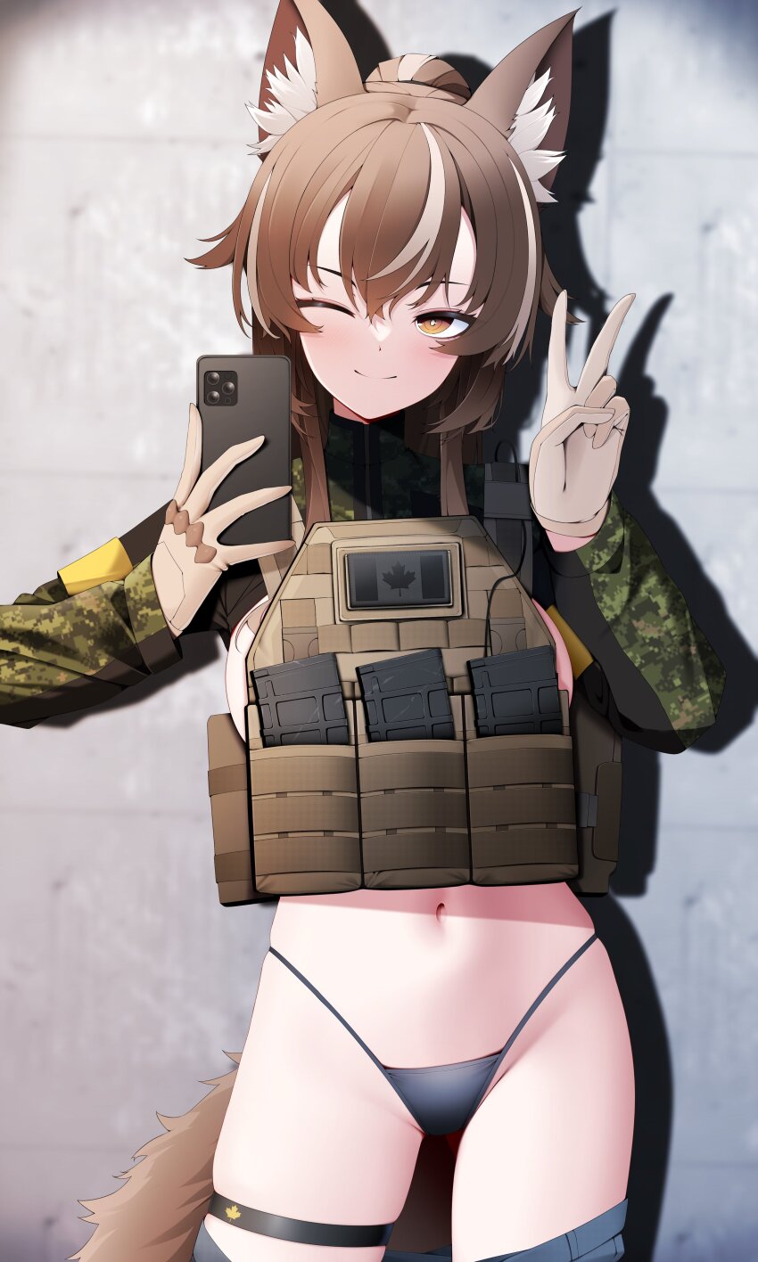 1girl absurdres animal_ear_fluff animal_ears black_panties brown_eyes brown_hair bulletproof_vest cadpat callisto_(greyeth) canadian_flag clothes_pull fox_ears highres leaf magazine_(weapon) maple_leaf multicolored_hair original panties pants pants_pull selfie short_shorts shorts streaked_hair thigh_strap underwear v z.taiga