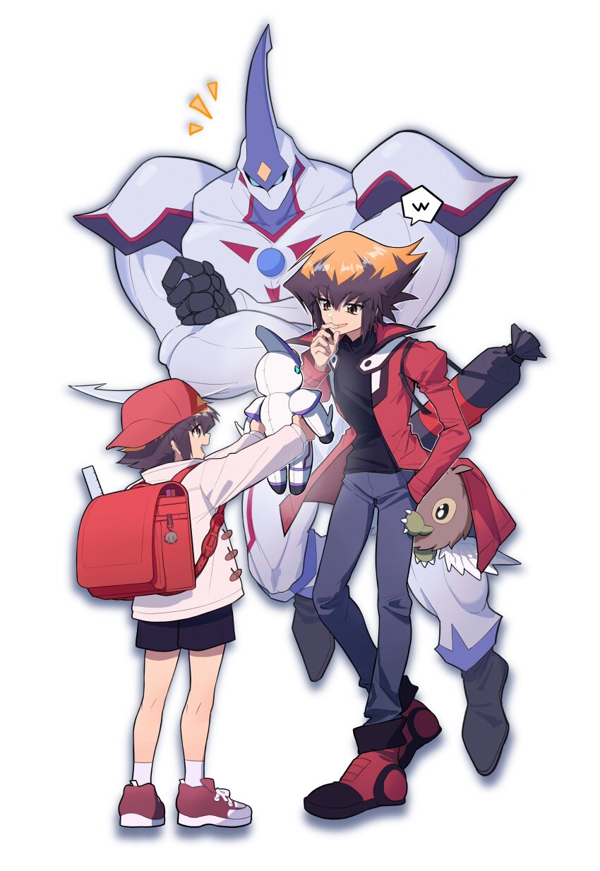 3boys absurdres aged_down backpack backwards_hat bag baseball_cap black_footwear black_shorts brown_eyes brown_hair child coat colored_skin ditto_(specular) dual_persona duel_academy_uniform_(yu-gi-oh!_gx) elemental_hero_neos full_body grey_pants hat highres jacket male_focus medium_hair multiple_boys pants red_bag red_coat red_footwear red_hat shorts simple_background stuffed_toy time_paradox white_background white_jacket white_skin winged_kuriboh yu-gi-oh! yu-gi-oh!_gx yuki_judai