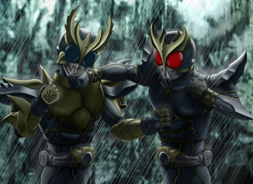 2boys arcle_(kuuga) armor battle belt black_eyes clenched_hands commentary_request dual_persona from_above gold_armor gold_horns gold_trim highres horns kamen_rider kamen_rider_dcd kamen_rider_kuuga kamen_rider_kuuga_(rising_ultimate_form) kamen_rider_kuuga_(series) kamen_rider_kuuga_(ultimate_form) male_focus multiple_boys punching rain taikyoku_tsurugi time_paradox water_drop