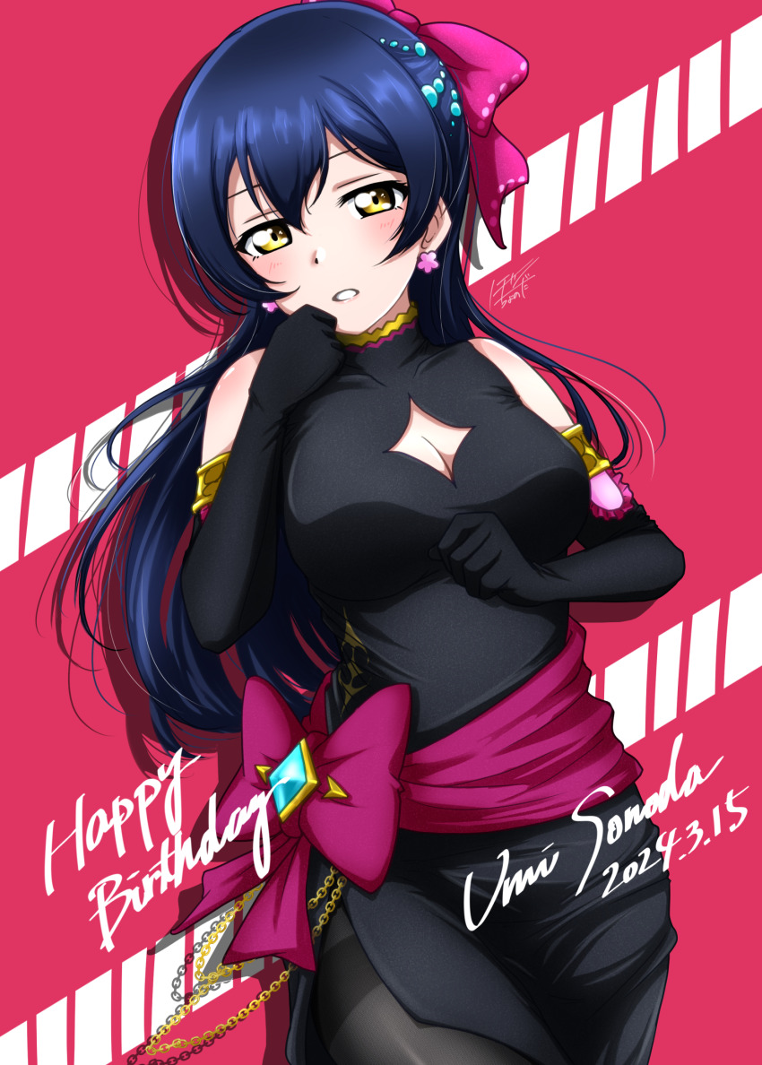 1girl birthday black_dress black_gloves black_pantyhose blue_hair blush bow breast_cutout breasts commentary_request dated dress earrings elbow_gloves gloves hair_bow hair_ornament happy_birthday highres jewelry long_hair looking_at_viewer love_live! love_live!_school_idol_project noochan_chonoda pantyhose revision simple_background sleeveless sleeveless_dress soldier_game solo sonoda_umi yellow_eyes