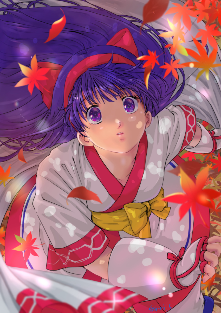 1girl ainu_clothes artist_name autumn_leaves breasts fingerless_gloves gloves hair_ribbon highres leaf legs long_hair looking_at_viewer looking_up nakoruru pants parted_lips purple_eyes purple_hair ribbon samurai_spirits small_breasts snk solo teeth the_king_of_fighters thighs tongue