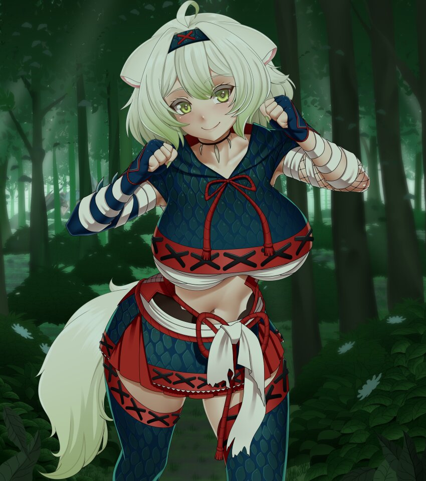 1girl absurdres ahoge animal_ears armor breasts bush chest_sarashi clenched_hands ferret_ears ferret_girl ferret_tail fishnets flower forest gradient_tail green_eyes green_hair green_tail hairband highres indie_virtual_youtuber iocusart45487 jewelry laimu_(huntress)_(vtuber) laimu_(vtuber) large_breasts midriff multicolored_hair multicolored_tail nargacuga_(armor) nature navel necklace outdoors sarashi short_hair smile tail thighs tree two-tone_hair two-tone_tail virtual_youtuber white_hair