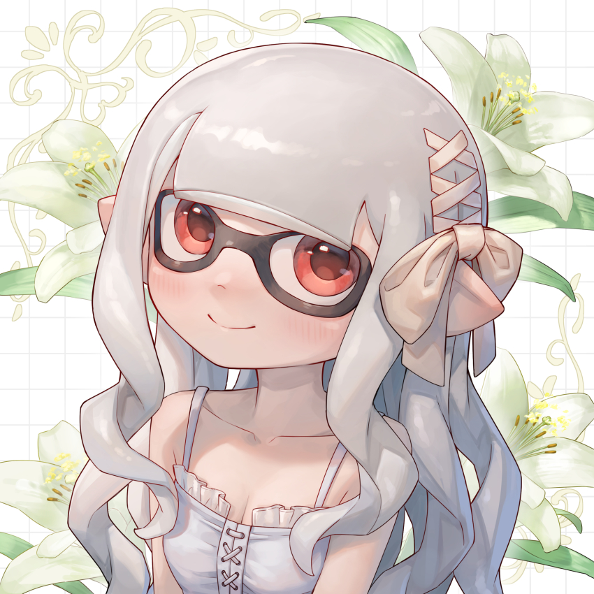 1girl absurdres breasts cleavage closed_mouth collarbone commentary flower gakusei_noa green_flower grey_hair grid_background hair_ornament highres inkling inkling_girl inkling_player_character long_hair nintendo pointy_ears red_eyes smile solo splatoon_(series) splatoon_3 symbol-only_commentary tentacle_hair wavy_hair white_background x_hair_ornament