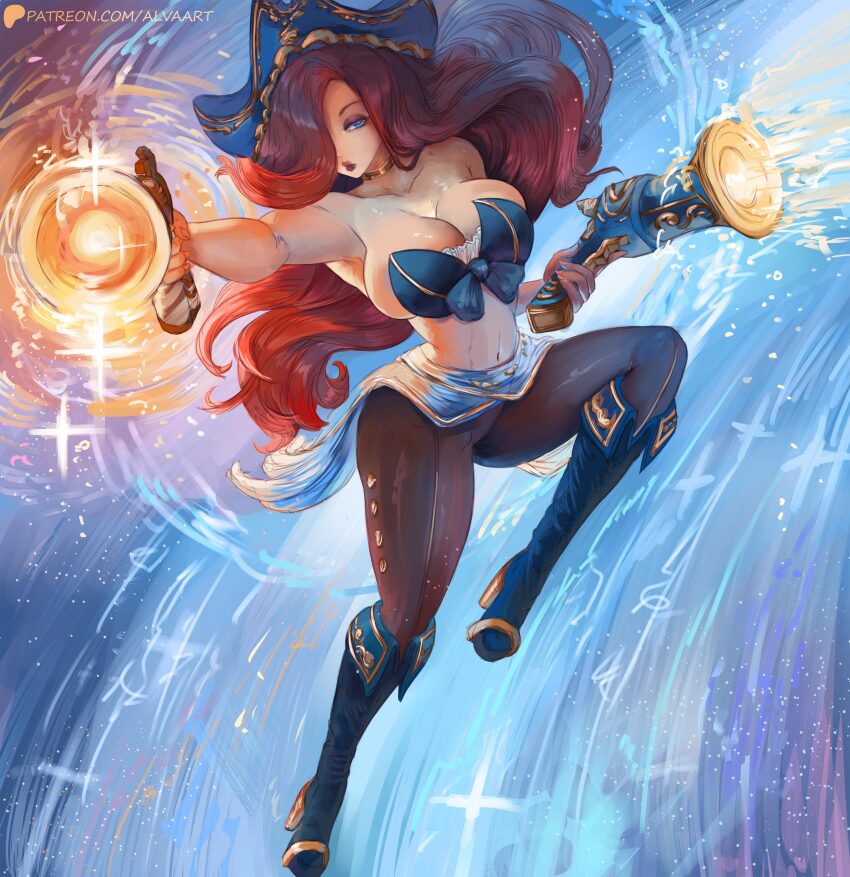 1girl absurdres alva_(artofalva) black_pants blue_eyes boots breasts cleavage crop_top dual_wielding gold_choker gun hair_over_one_eye handgun hat high_heel_boots high_heels highres holding holding_gun holding_weapon large_breasts league_of_legends lipstick long_hair looking_at_viewer makeup miss_fortune_(league_of_legends) navel pants patreon_username pirate_hat red_hair red_lips sideboob solo strapless watermark weapon web_address
