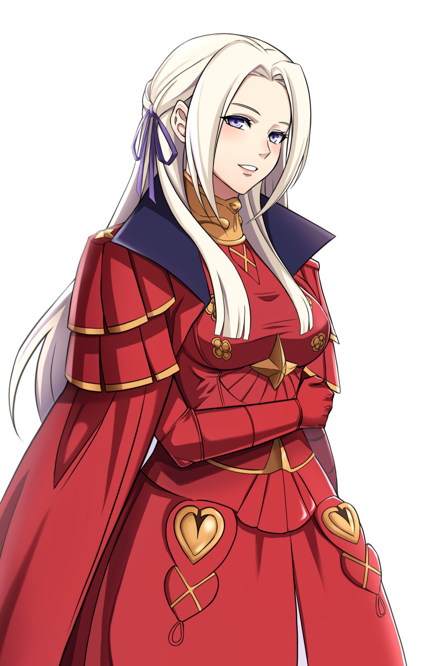 1girl blush breasts cloak commentary_request edelgard_von_hresvelg edelgard_von_hresvelg_(timeskip) epaulettes fire_emblem fire_emblem:_three_houses hair_intakes hair_ribbon highres large_breasts long_hair looking_at_viewer namu_(112namu) nintendo purple_eyes purple_ribbon red_cloak ribbon simple_background smile solo standing white_background white_hair