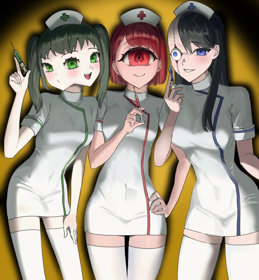 3girls asymmetrical_hair black_hair blush cyclops dress green_eyes green_hair grin haem_yang hand_on_own_thigh hat highres holding holding_syringe ichigou_(ikigusare) ikigusare long_hair multiple_faces multiple_girls nigou_(ikigusare) nurse nurse_cap one-eyed open_mouth red_hair sangou_(ikigusare) short_dress short_sleeves sidecut skin_tight smile stitched_face stitches syringe thigh_gap thighhighs twintails undercut yellow_background zettai_ryouiki