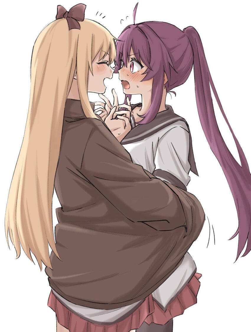 2girls black_bow black_pantyhose blonde_hair blush bow closed_eyes commentary_request hair_bow highres long_hair long_sleeves multiple_girls open_mouth orange_eyes pantyhose pleated_skirt ponytail purple_hair red_skirt shirt simple_background skirt smile sugiura_ayano sweat syonosuke9573 toshinou_kyouko white_background white_shirt yuri yuruyuri