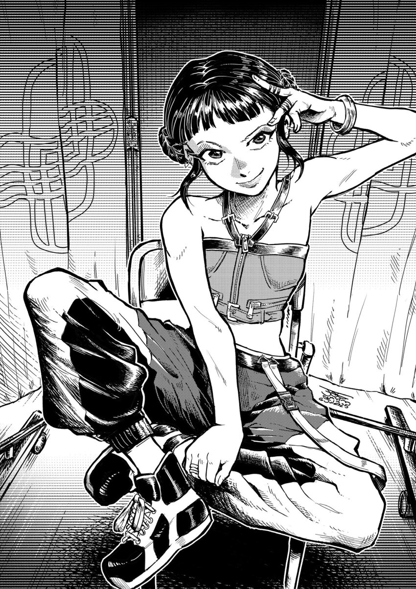 1girl blunt_bangs bracelet chair closed_mouth commentary double_bun english_commentary full_body greyscale hair_bun halterneck highres jewelry kpop_demon_hunters mayimster monochrome pants ring sidelocks sitting smile solo zoey_(kpop_demon_hunters)