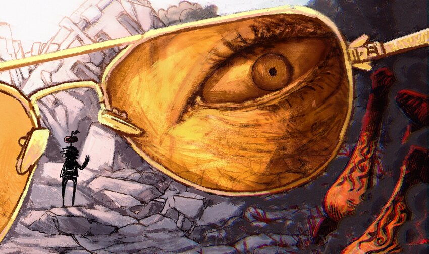 3boys alternate_form arm_up arthropod_limbs borsalino_(kizaru) commentary dr._vegapunk english_commentary eye_reflection eyelashes highres jaygarcia_saturn male_focus multiple_boys one_piece reflection rubble seithennyn silhouette sunglasses symbolism tinted_eyewear yellow-tinted_eyewear