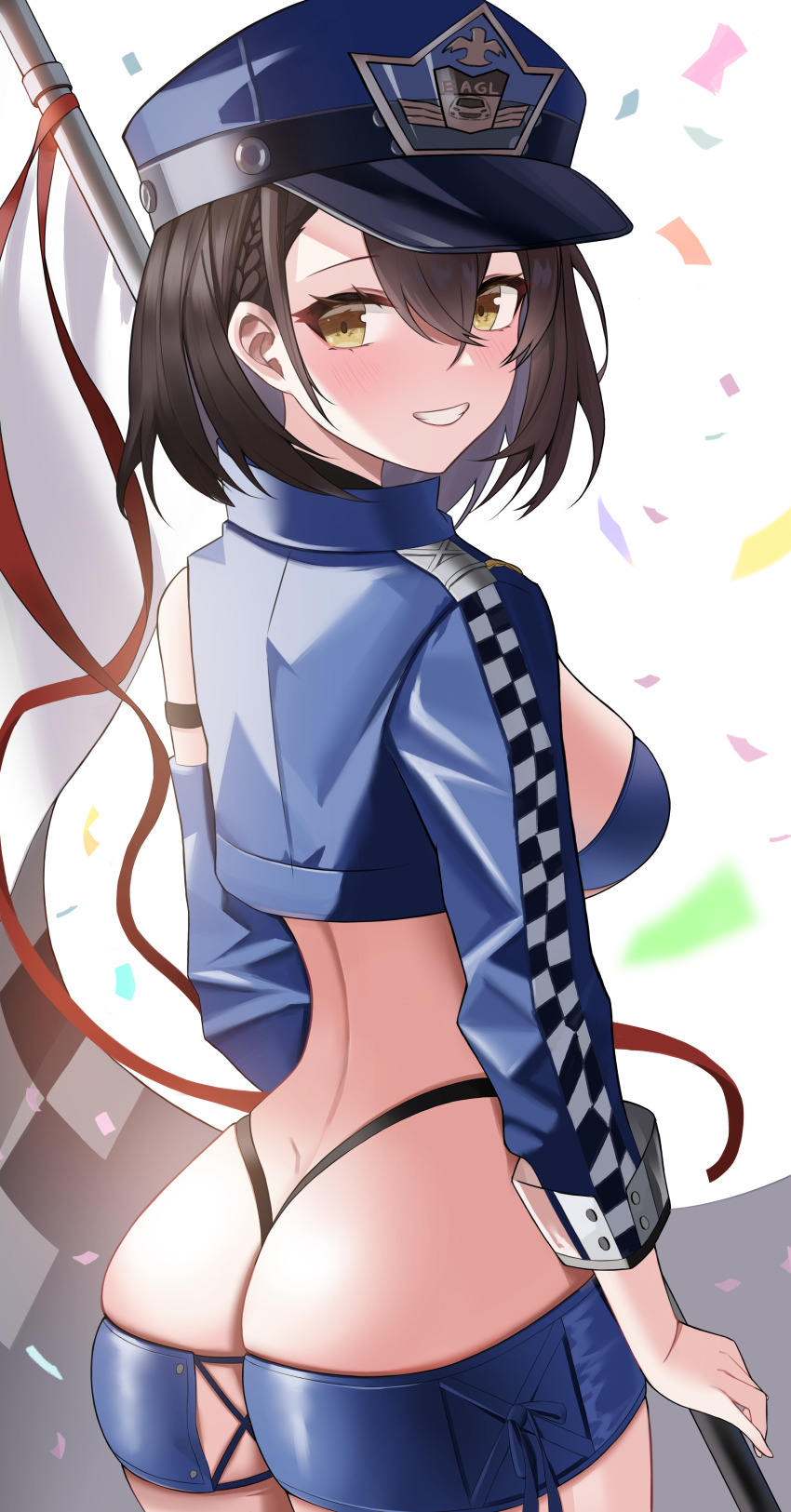 1girl absurdres ass azur_lane baltimore_(azur_lane) baltimore_(finish_line_flagbearer)_(azur_lane) bikini blue_bikini blue_headwear blue_jacket braid breasts brown_hair cropped_jacket flag from_behind hat highres holding holding_flag jacket looking_back medium_breasts micro_shorts official_alternate_costume peaked_cap race_queen short_hair shorts swimsuit wynnblue yellow_eyes