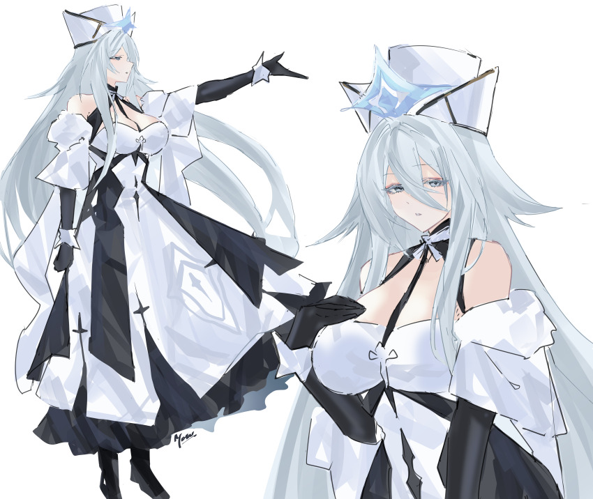 1girl absurdres azur_lane capelet coat coat_dress colored_eyelashes dress full_body fur-trimmed_coat fur_capelet fur_hat fur_trim glitter_dress hat highres long_bangs military_hat papakha simple_background solo sovetsky_soyuz_(azur_lane) upper_body white_background white_eyes white_hair yazu_(zoddiacz)