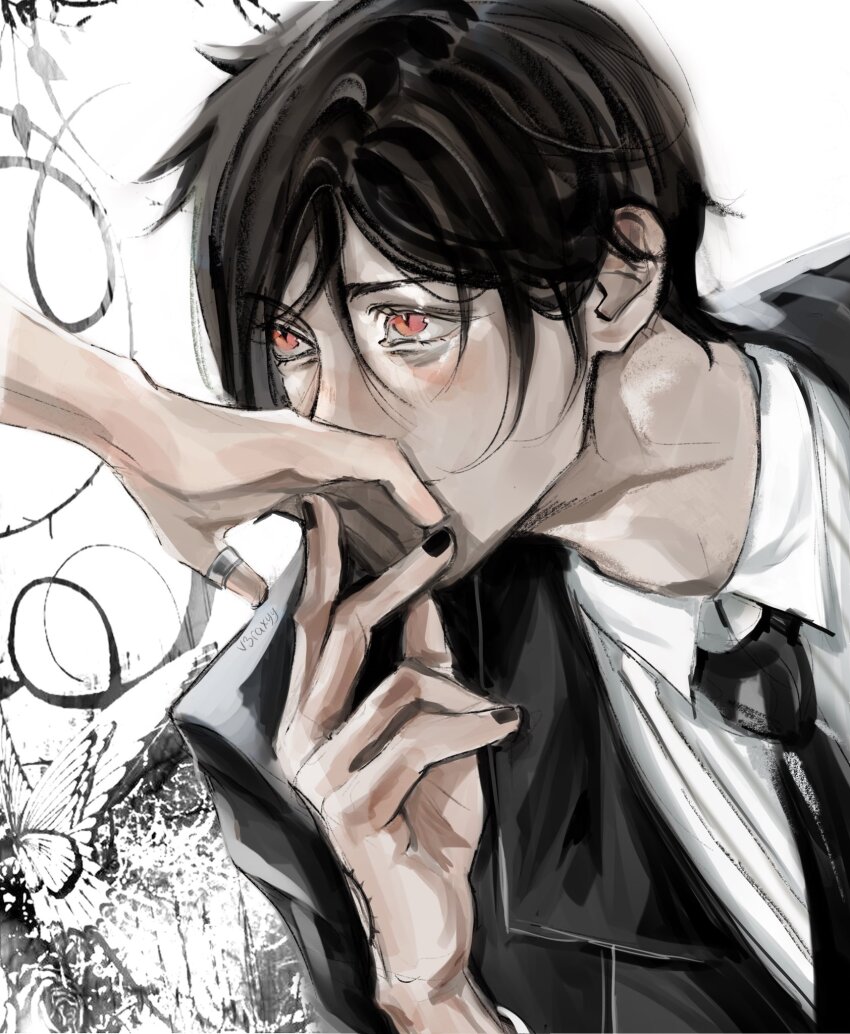 1boy ambiguous_gender black_hair black_nails black_necktie formal_clothes highres jewelry kiss kissing_hand kuroshitsuji looking_at_another male_focus nail_polish necktie red_eyes ring sebastian_michaelis short_hair simple_background slit_pupils suit thumb_ring v3raxyy white_background