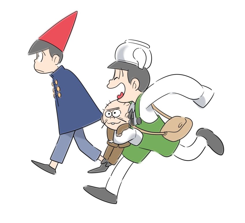 10s 3boys bag brothers brown_hair buck_teeth buttons carrying closed_eyes cosplay enerunaru formal_clothes gregory gregory_(cosplay) gregory_(over_the_garden_wall) gregory_(over_the_garden_wall)_(cosplay) hat highres hijirisawa_shonosuke jacket kettle long_sleeves male_focus matsuno_choromatsu matsuno_jyushimatsu messenger_bag multiple_boys osomatsu-kun osomatsu-san osomatsu_(series) over_the_garden_wall shoulder_bag siblings simple_background sleeves_past_wrists suit teeth walking white_background wirt wirt_(cosplay) wirt_(over_the_garden_wall) wirt_(over_the_garden_wall)_(cosplay)