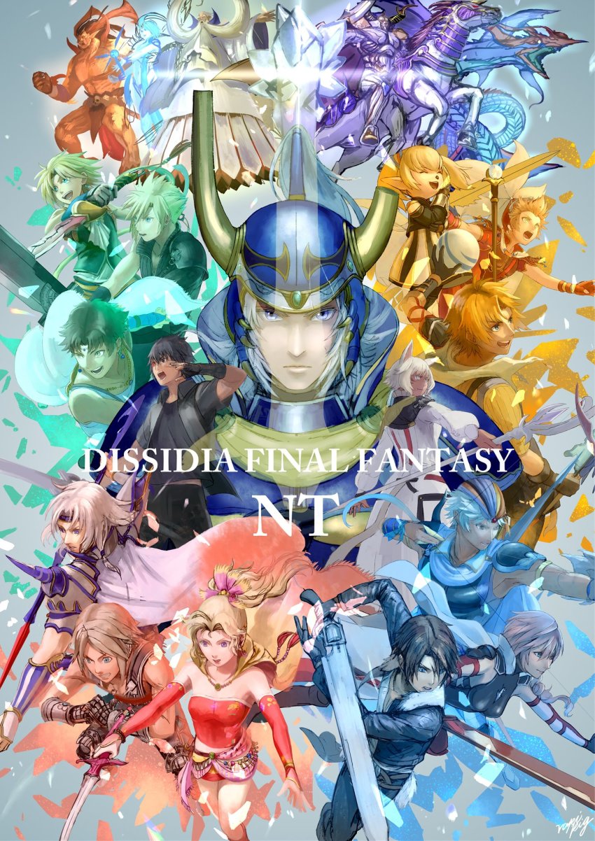 4girls 6+boys animal_ears armor ball bartz_klauser black_jacket blitzball bow_(weapon) cape cat_ears cloud_strife copyright_name crystal dagger dissidia_final_fantasy dissidia_final_fantasy_nt everyone final_fantasy final_fantasy_i final_fantasy_ii final_fantasy_iii final_fantasy_iv final_fantasy_ix final_fantasy_v final_fantasy_vi final_fantasy_vii final_fantasy_vii_advent_children final_fantasy_viii final_fantasy_x final_fantasy_xi final_fantasy_xii final_fantasy_xiii final_fantasy_xiv final_fantasy_xv firion gunblade headband helmet highres huge_weapon ifrit_(final_fantasy) jacket knife laughing leviathan_(final_fantasy) lightning_farron lightning_returns:_final_fantasy_xiii looking_at_viewer miqo&#039;te monster multiple_boys multiple_girls noctis_lucis_caelum odin_(final_fantasy) onion_knight polearm ramuh rapipig_(rapi_dff) shantotto shiva_(final_fantasy) spear spiked_hair squall_leonhart square_enix staff sword tarutaru tidus tina_branford vaan_(ff12) vest warrior_of_light_(ff1) weapon y&#039;shtola_rhul zidane_tribal