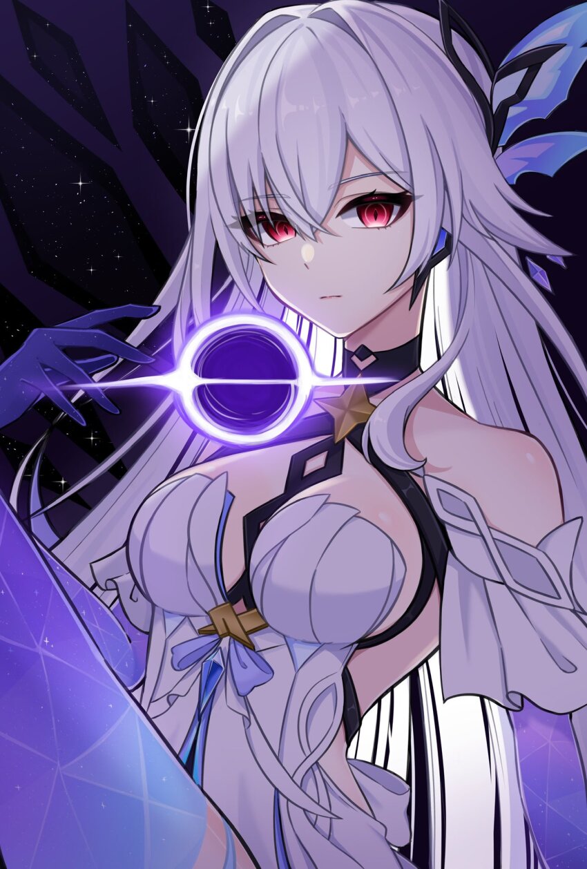 1girl bare_shoulders between_breasts black_background black_hole blue_gemstone breasts closed_mouth clothing_cutout commentary crossed_bangs crystal_shards diamond-shaped_pupils diamond_(shape) dress elbow_gloves expressionless gem genshin_impact gloves gradient_gloves gradient_thighhighs hair_between_eyes hair_intakes hair_ornament halter_dress halterneck hand_up highres karaage_(karaage_x_x) large_breasts leg_up long_hair looking_at_viewer night night_sky purple_gloves purple_thighhighs red_eyes short_dress skirk_(genshin_impact) sky sleeveless sleeveless_dress solo star_(sky) star_ornament starry_sky symbol-shaped_pupils thighhighs very_long_hair white_hair