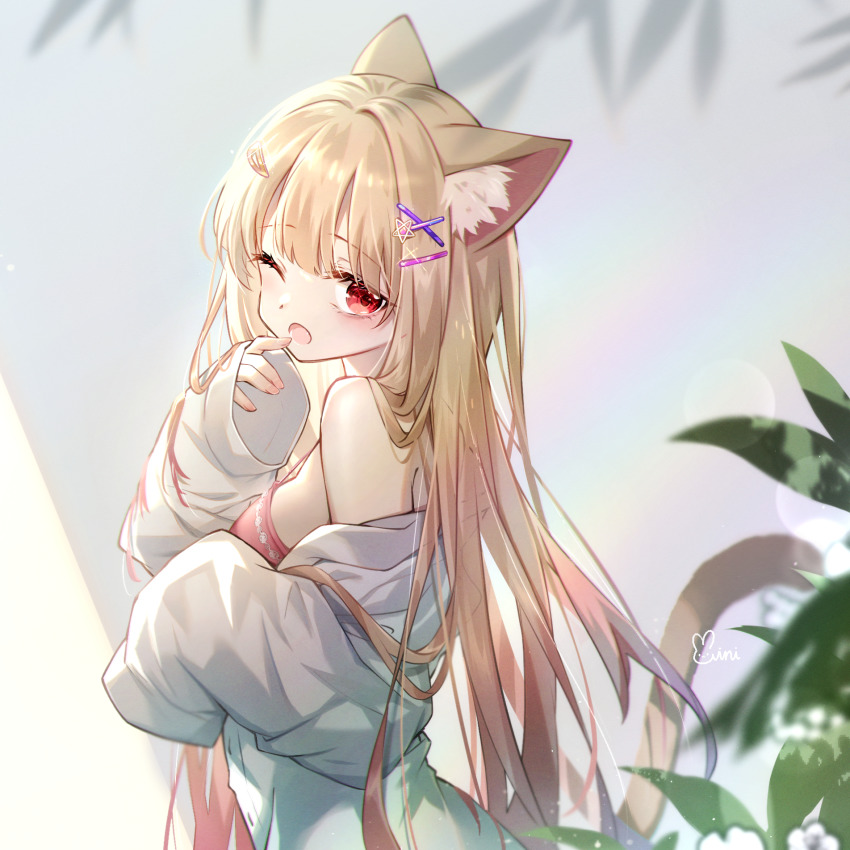 1girl ;o animal_ears bare_shoulders blonde_hair cat_ears cat_girl cat_tail commission danby_merong hair_ornament hairclip hand_up highres long_hair long_sleeves looking_at_viewer looking_to_the_side nail_polish off_shoulder one_eye_closed open_mouth original pink_nails red_eyes shirt signature sleeves_past_wrists solo tail tail_raised very_long_hair white_shirt x_hair_ornament