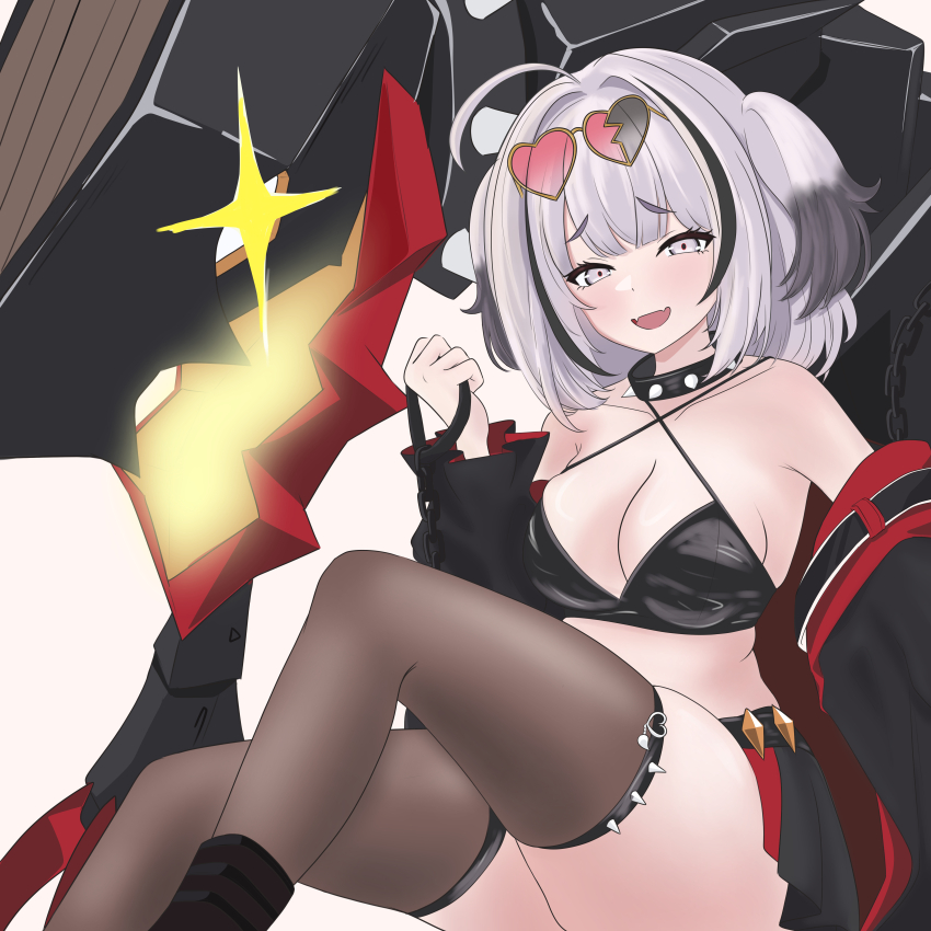 1girl :d absurdres ahoge azur_lane bare_shoulders black_hair black_jacket black_streaks black_thighhighs breasts butadiene cleavage collarbone criss-cross_halter eyewear_on_head fang halterneck heart heart-shaped_eyewear highres jacket large_breasts looking_at_viewer medium_hair multicolored_hair open_mouth rigging skin_fang smile solo streaked_hair thighhighs white_eyes white_hair z13_(azur_lane)