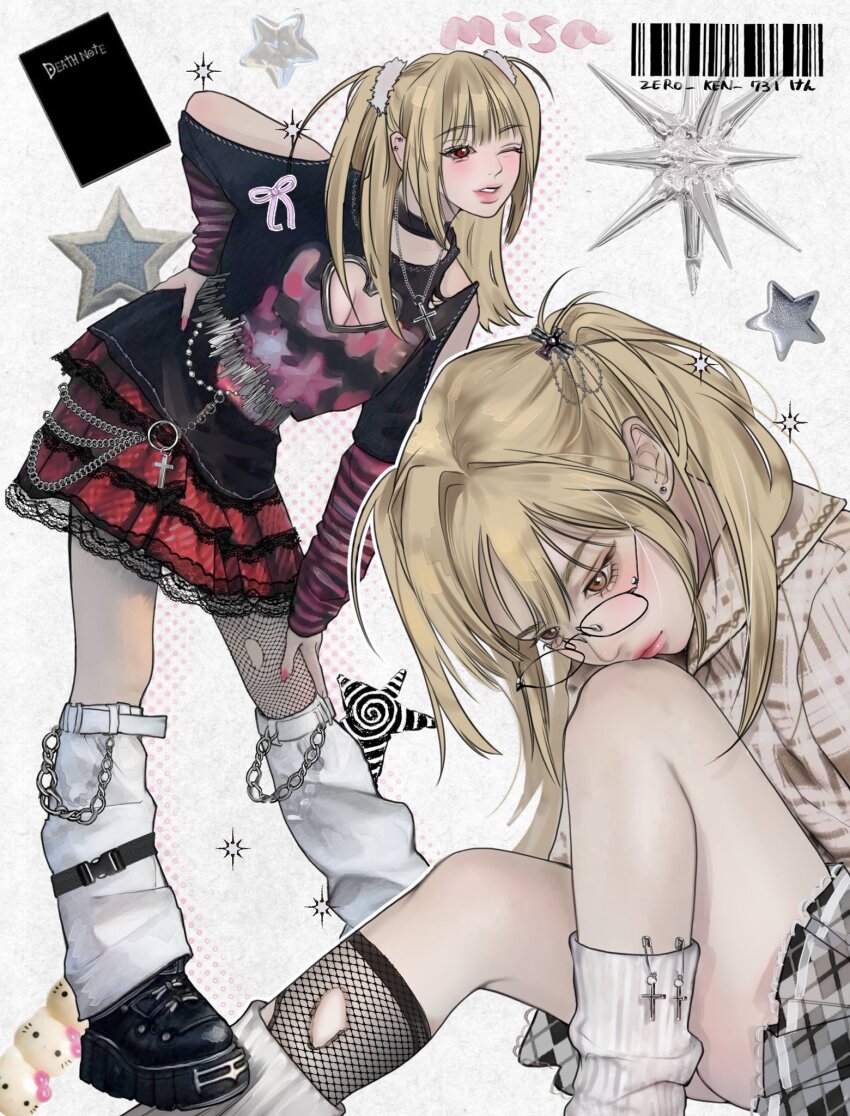 1girl amane_misa arm_cutout barcode black-framed_eyewear black_choker blonde_hair brown_eyes chain choker cleavage_cutout clothing_cutout cross death_note death_note_(object) earrings fishnet_pantyhose fishnets frilled_skirt frills glasses hand_on_own_hip hand_on_own_leg hashtag-only_commentary head_on_knee head_rest heart_cutout hello_kitty hello_kitty_(character) highres jewelry lace_trim layered_skirt leg_warmers long_hair long_sleeves loose_socks one_eye_closed pantyhose platform_footwear pleated_skirt red_eyes safety_pin sanrio skirt socks solo star_(symbol) twitter_username two_side_up white_leg_warmers y2k_fashion zero_ken_731