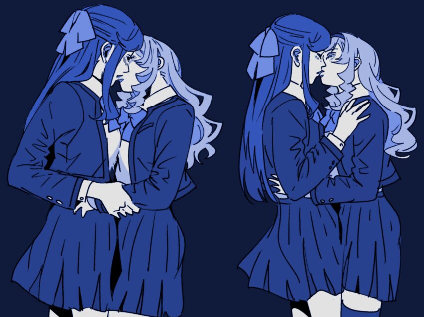 2girls blush bow bowtie closed_eyes collared_shirt fio88 french_kiss hair_ribbon hairband hand_on_another&#039;s_waist highres holding_another&#039;s_wrist jacket kiss long_hair long_sleeves looking_at_another monochrome multiple_girls pleated_skirt ribbon saijou_claudine school_uniform seishou_elementary_school_uniform shirt shoujo_kageki_revue_starlight skirt tendou_maya yuri