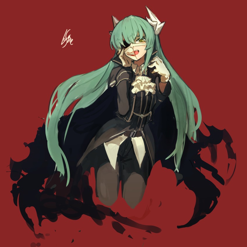 1girl :d alternate_costume ascot black_jacket black_pants commentary_request cosplay cropped_legs fate/grand_order fate_(series) female_focus gloves green_hair hand_on_own_face hand_up horns jacket kiyohime_(fate) lansane long_hair long_sleeves mask open_mouth pants phantom_of_the_opera_(fate) phantom_of_the_opera_(fate)_(cosplay) red_background signature simple_background smile solo very_long_hair white_ascot white_gloves