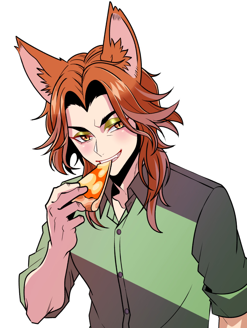 1boy absurdres animal_ears buttons collared_shirt cosplay eating eyeshadow fellow_honest food fox_boy fox_ears green_eyeshadow green_shirt highres holding holding_food holding_pizza looking_at_viewer makeup male_focus nick_wilde nick_wilde_(cosplay) oniongood117 orange_hair pizza pizza_slice shirt simple_background solo twisted_wonderland upper_body white_background zootopia