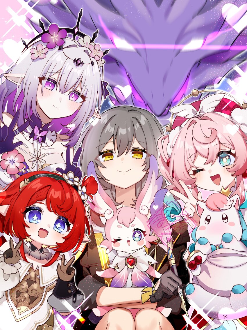 4girls ;o absurdres aqua_eyes black_coat black_gloves blue_eyes breasts castorice_(honkai:_star_rail) coat commentary_request cross-shaped_pupils double_v dragon dress gloves grey_hair highres honkai:_star_rail honkai_(series) hyacine_(honkai:_star_rail) little_ica_(honkai:_star_rail) long_hair medium_breasts mem_(honkai:_star_rail) multiple_girls oishii_sasa one_eye_closed open_mouth pegasus pink_fur pink_hair pointy_ears pollux_(honkai:_star_rail) purple_eyes purple_gloves purple_hair red_hair smile star-shaped_pupils star_(symbol) stelle_(honkai:_star_rail) symbol-shaped_pupils trailblazer_(honkai:_star_rail) tribbie_(honkai:_star_rail) v white_dress yellow_eyes