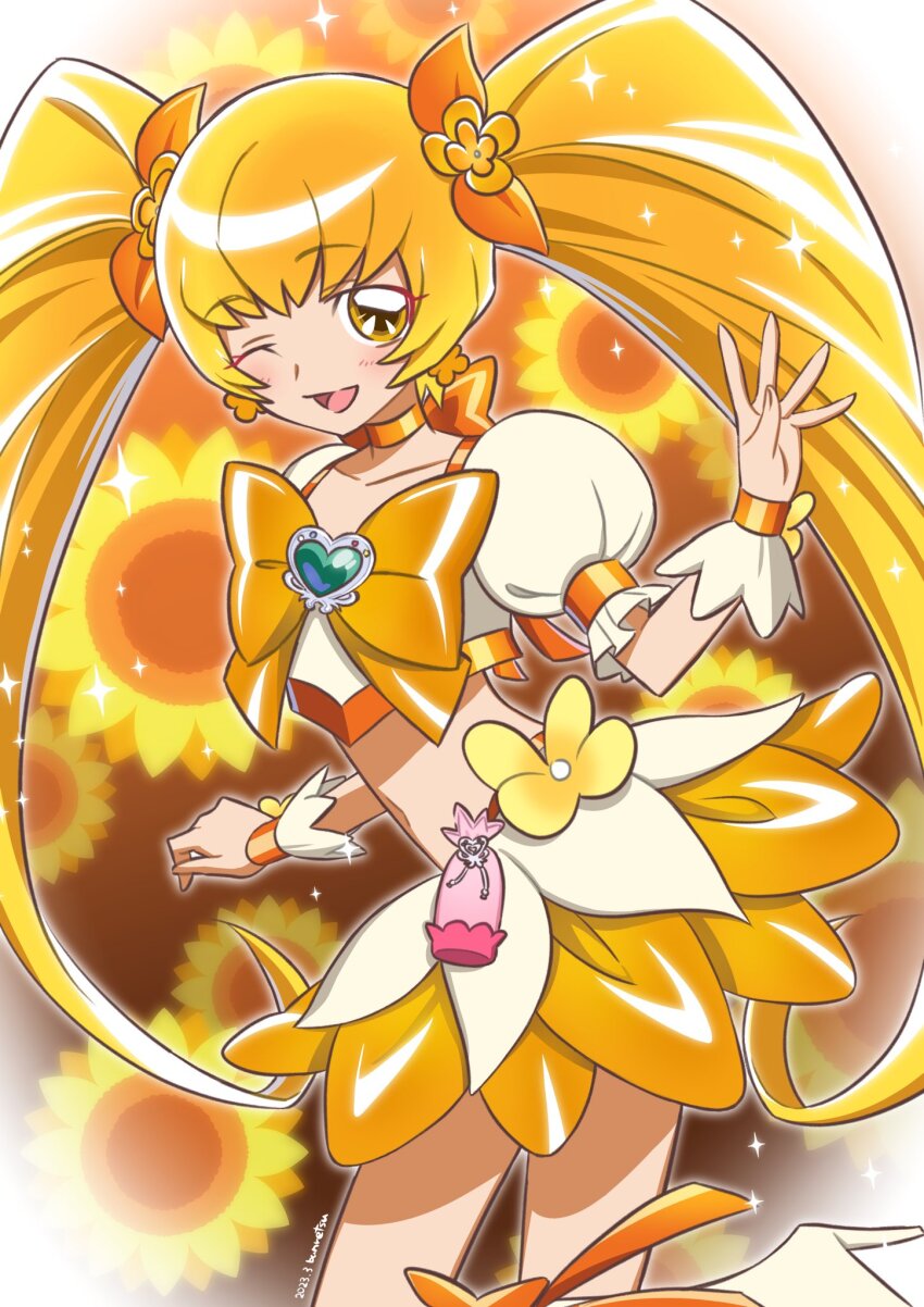 1girl blonde_hair blush bow bow_choker brooch bun_(jewd5385) choker commentary_request cure_sunshine earrings flower_earrings heart heart_brooch heartcatch_precure! highres jewelry long_hair magical_girl midriff myoudouin_itsuki navel one_eye_closed precure puffy_short_sleeves puffy_sleeves short_sleeves skirt smile solo twintails very_long_hair wrist_cuffs yellow_bow yellow_choker yellow_eyes