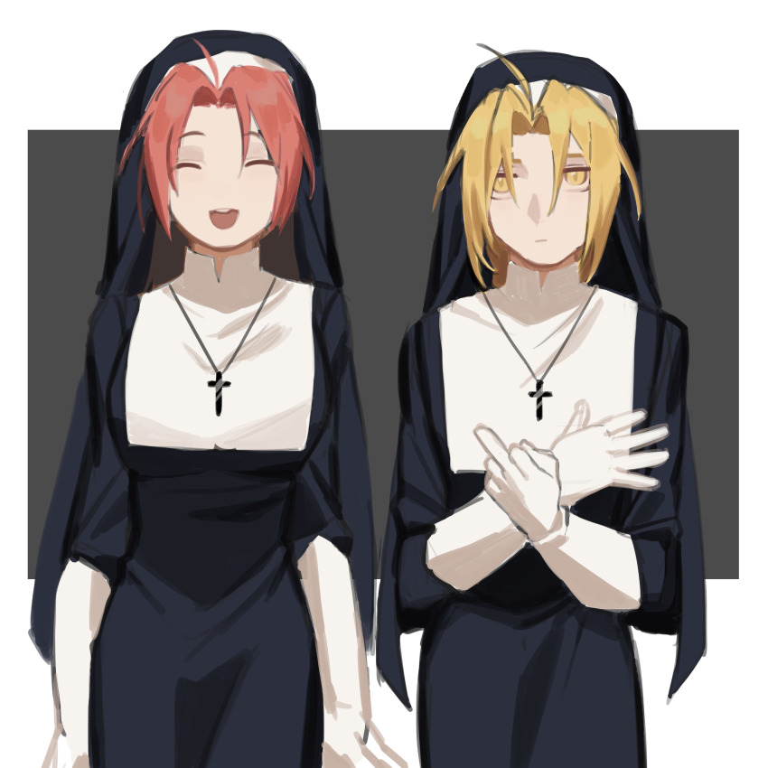1boy 1girl absurdres ahoge blonde_hair cbow closed_eyes closed_mouth cross cross_necklace crossdressing edward_elric fullmetal_alchemist gloves hair_between_eyes highres jewelry medium_hair middle_finger necklace nun open_mouth pink_hair rose_tomas smile teeth traditional_nun turtleneck two-tone_background upper_teeth_only white_gloves yellow_eyes