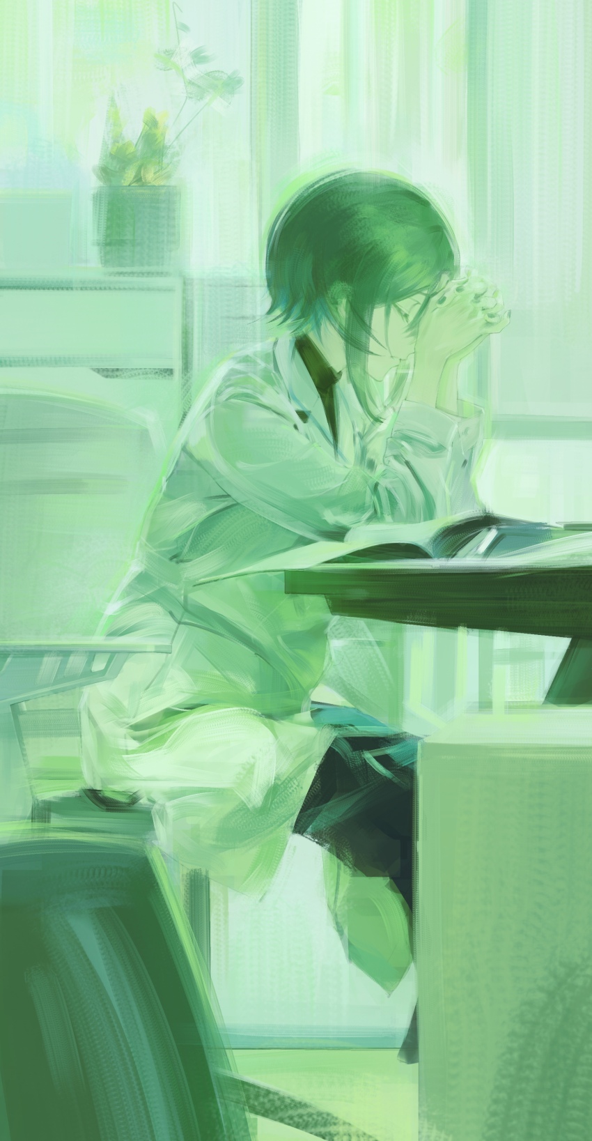14yuruis 1girl absurdres black_hair black_pants black_shirt closed_eyes closed_mouth from_side highres jacket original own_hands_clasped own_hands_together pants shirt short_hair sidelocks sitting solo turtleneck turtleneck_shirt white_jacket