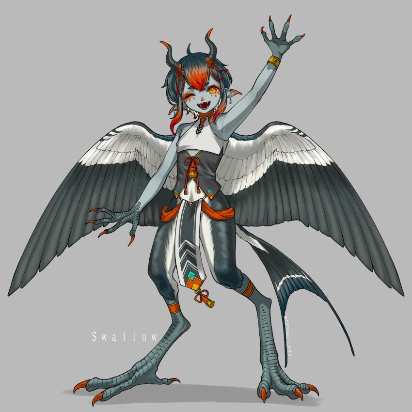 1boy ahoge androgynous animal_feet animal_hands arm_up bird bird_legs bird_tail bird_wings bracelet colored_inner_hair colored_skin eyeshadow fangs feathered_wings full_body grey_background grey_hair grey_scales grey_skin grey_wings halterneck harpy_boy highres horn_ornament horn_ribbon horns jewelry looking_at_viewer makeup monster_boy multicolored_hair one_eye_closed open_mouth orange_eyeshadow orange_hair original pelvic_curtain pointy_ears red_ribbon ribbon sabuneko2645 scales sharp_teeth short_eyebrows short_hair sidelocks simple_background solo standing swallow_(bird) tail talons teeth white_hair wings