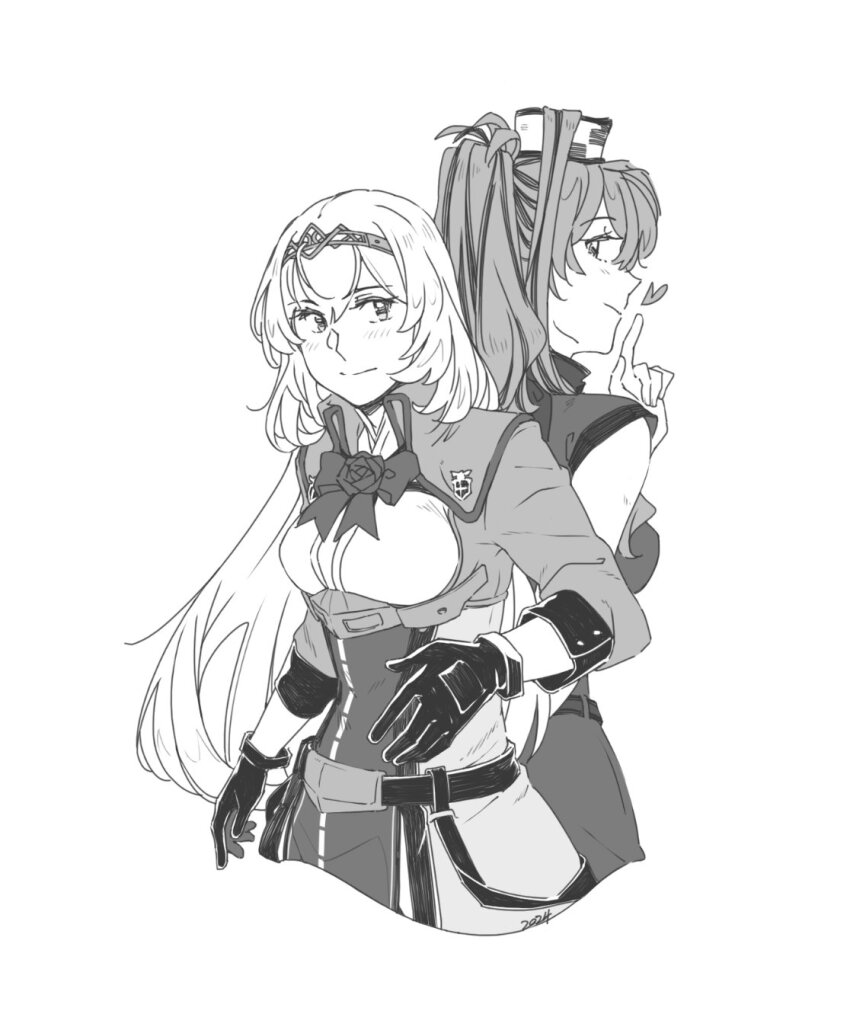 2girls back-to-back cowboy_shot dress gloves grey_eyes hairband high_side_ponytail highres kantai_collection long_hair military_uniform monochrome multiple_girls ponytail saratoga_(kancolle) sleeveless sleeveless_dress tiara victorious_(kancolle) weidashming