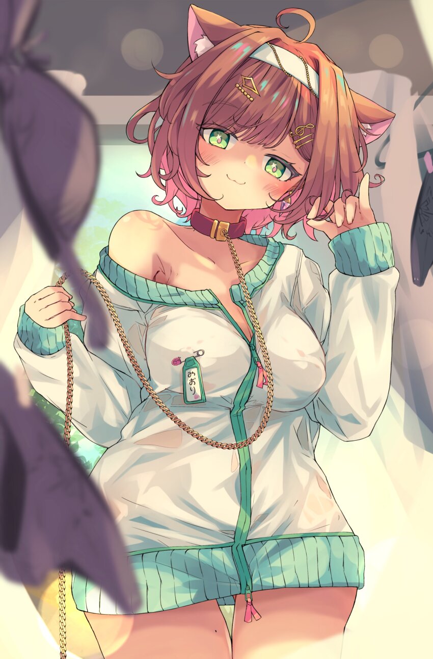 :3 absurdres animal_ears bra brown_hair cat_ears chain chain_leash collar covered_erect_nipples fortissimo green_eyes hair_ornament hands_in_own_hair highres leash miori_celesta musical_note musical_note_hair_ornament nipple_piercing off_shoulder panties piercing tagme underwear