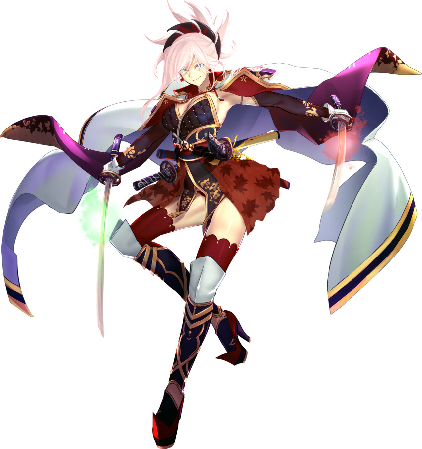 1girl armor armpits black_gloves blue_eyes breasts cleavage dual_wielding elbow_gloves fate/grand_order fate_(series) female_focus gloves greaves high_heels highres holding i-pan katana leaf_print looking_at_viewer maple_leaf_print miyamoto_musashi_(fate) miyamoto_musashi_(third_ascension)_(fate) panties pink_hair ponytail red_panties red_thighhighs sash sheath sheathed simple_background smile solo sword thighhighs underwear weapon white_background white_gloves