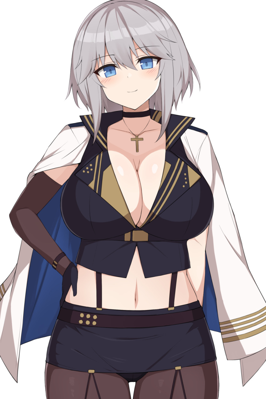 1girl azur_lane black_choker black_gloves black_panties black_skirt blue_eyes breasts brown_pantyhose choker cleavage cowboy_shot cross cross_necklace gloves grey_hair hair_between_eyes hand_on_own_hip highres jacket jacket_on_shoulders jewelry large_breasts looking_at_viewer midriff miniskirt necklace panties panties_under_pantyhose pantyhose short_hair simple_background skirt solo toyo_(c8) underwear washington_(azur_lane) white_background white_jacket