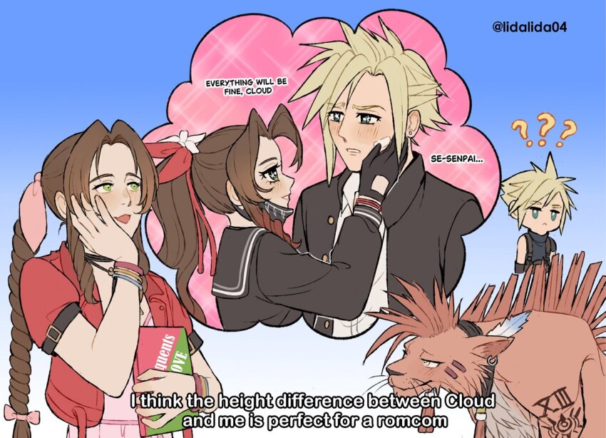 1girl 2boys ? ?? aerith_gainsborough aerith_gainsborough_(midgard_seventh_high_school) animal animal_earrings armor bandaid bandaid_on_cheek bandaid_on_face bangle black_gloves black_jacket black_mask black_sailor_collar black_shirt blonde_hair blue_background blue_eyes blue_shirt body_markings book bracelet braid braided_ponytail brown_hair choker cloud_strife cloud_strife_(midgard_seventh_high_school) collared_shirt colored_tips couple cropped_jacket delinquent dress earrings english_text facial_mark feather_hair_ornament feathers final_fantasy final_fantasy_vii final_fantasy_vii_ever_crisis flower flower_choker gakuran gloves gradient_background green_eyes hair_flower hair_ornament hair_ribbon hand_on_another&#039;s_cheek hand_on_another&#039;s_face hand_on_own_cheek hand_on_own_face hetero holding holding_book image_in_thought_bubble imagining jacket jewelry lida_(lidalida04) light_blush long_hair mask mask_around_neck mouth_mask multicolored_hair multiple_boys official_alternate_costume orange_fur parted_bangs parted_lips pauldrons pink_dress pink_ribbon red_hair red_jacket red_ribbon red_xiii ribbon sailor_collar school_uniform shirt short_hair shoulder_armor sidelocks single_bare_shoulder single_braid single_earring single_pauldron sleeveless sleeveless_turtleneck spiked_hair sukeban suspenders turtleneck twitter_username upper_body white_flower white_shirt yellow_eyes