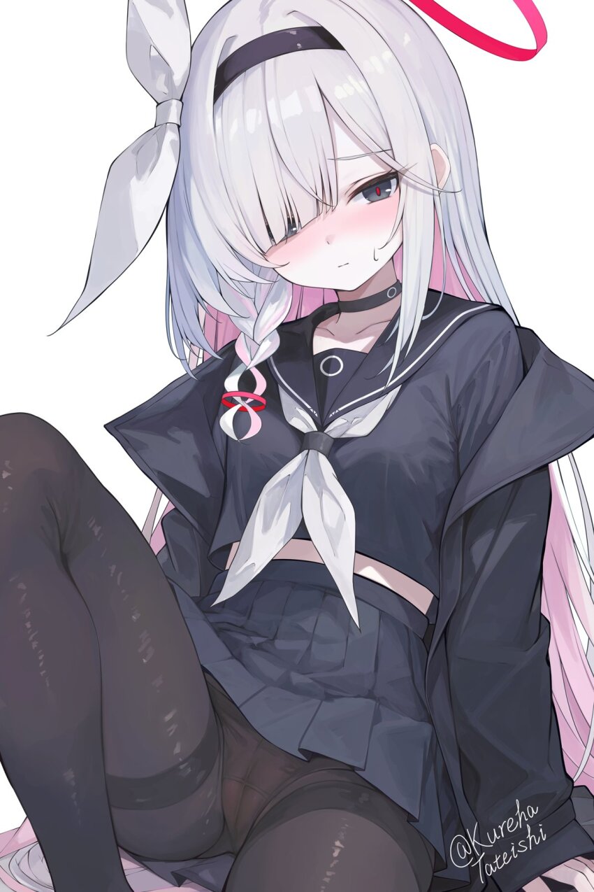 1girl :| artist_name black_choker black_coat black_eyes black_hairband black_panties black_pantyhose black_sailor_collar black_serafuku black_shirt black_skirt blue_archive blush braid breasts cameltoe choker closed_mouth coat collarbone colored_inner_hair commentary dot_nose eyelashes gluteal_fold hair_between_eyes hair_over_one_eye hair_ribbon hairband halo highres knee_up legs loli long_eyelashes long_hair long_sleeves looking_at_viewer multicolored_hair neckerchief open_clothes open_coat pale_skin panties panties_under_pantyhose pantyhose pantyshot pink_hair plana_(blue_archive) pleated_skirt red_halo red_pupils ribbon sailor_collar school_uniform serafuku shirt sidelocks simple_background single_braid sitting skirt sleeves_past_wrists small_breasts solo split_mouth sweatdrop tateishi_kureha thighband_pantyhose thighs two-tone_hair underwear unfinished very_long_hair white_background white_hair white_neckerchief white_ribbon