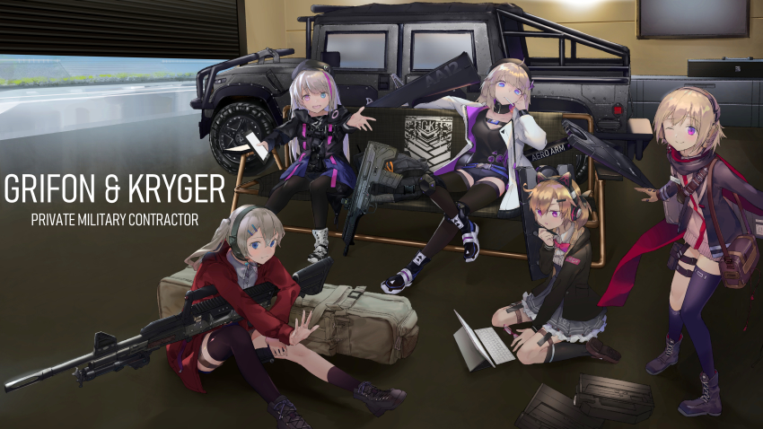 5girls 6ml aa-12 aa-12_(girls&#039;_frontline) absurdres animal_ear_headphones animal_ears assault_rifle automatic_shotgun bad_id bad_pixiv_id battle_rifle buckle bullpup cat_ear_headphones combat_shotgun desert_tech_mdr fake_animal_ears flashlight fmg-9_(girls&#039;_frontline) folding_gun garage general_dynamics girls&#039;_frontline gun headphones highres huge_filesize humvee ipad lonestar_future_weapons lwmmg_(girls&#039;_frontline) machine_gun magpul magpul_fmg-9 mdr_(girls&#039;_frontline) motor_vehicle multiple_girls prototype_design rifle scw_(girls&#039;_frontline) shield_module shotgun snap-fit_buckle submachine_gun tablet_pc tactical_light television true_velocity true_velocity_rm338 weapon