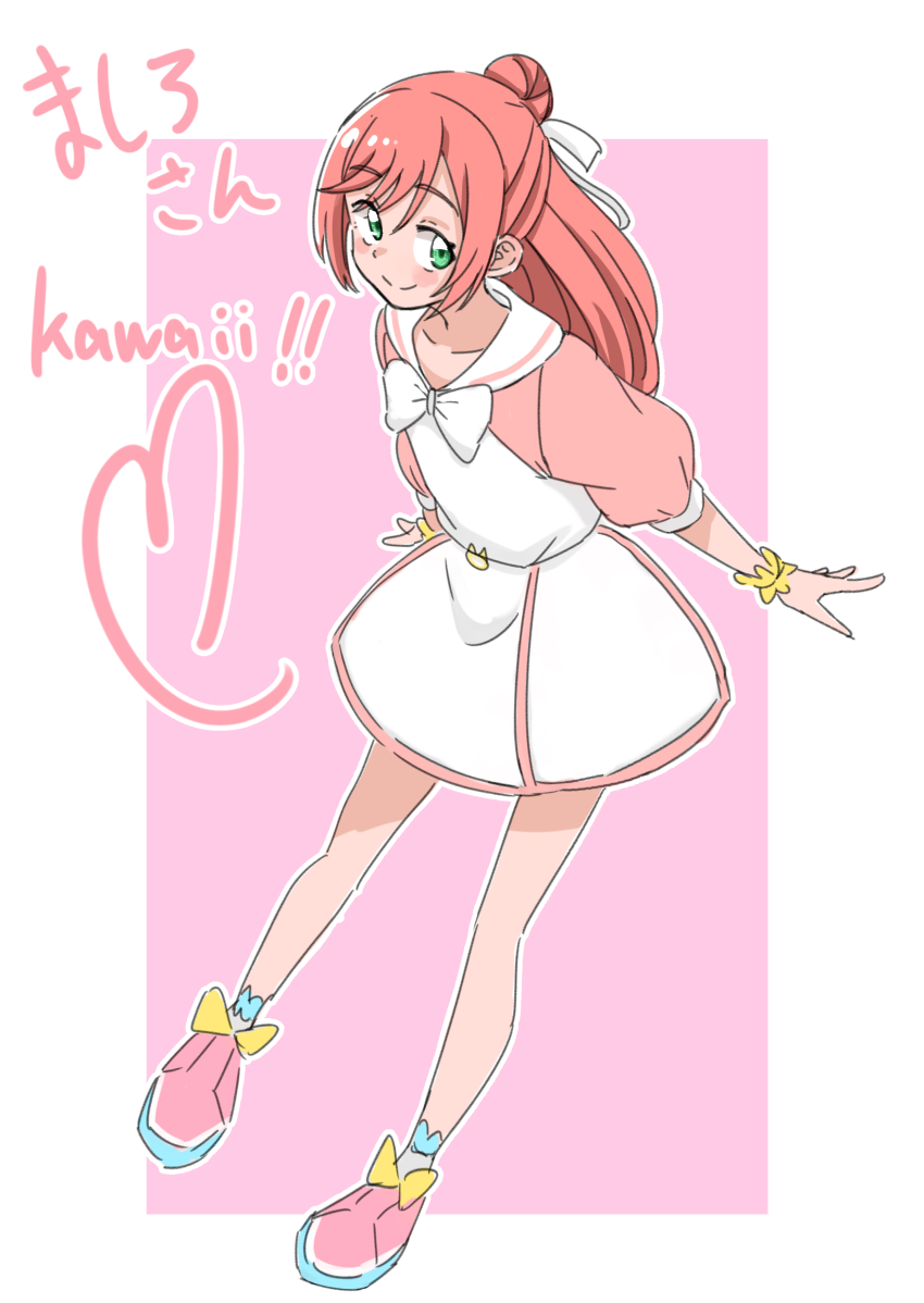 1girl absurdres blue_socks bow casual character_name closed_mouth collared_dress commentary dress full_body green_eyes hair_bun hair_ribbon hakuino_hakase heart highres hirogaru_sky!_precure leaning_forward long_hair looking_at_viewer nijigaoka_mashiro pink_background pink_dress pink_hair pink_shoes precure ribbon romaji_text scrunchie shoes short_dress short_sleeves single_hair_bun smile socks solo standing translated two-tone_dress white_bow white_dress white_ribbon wrist_scrunchie