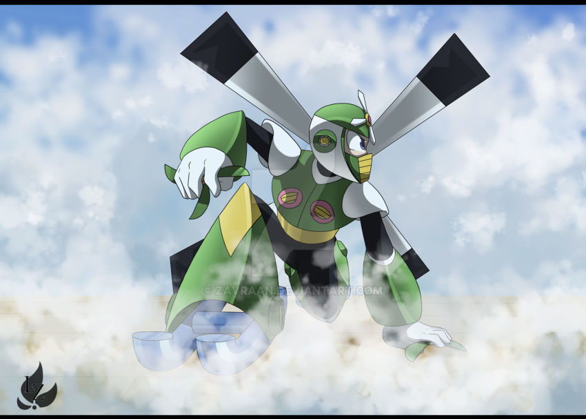 1boy armor blue_eyes cloud cloudy_sky gyro_man helmet highres joints mast propeller robot robot_ears robot_joints mega_man_(series) mega_man_(classic) mega_man_5 sky
