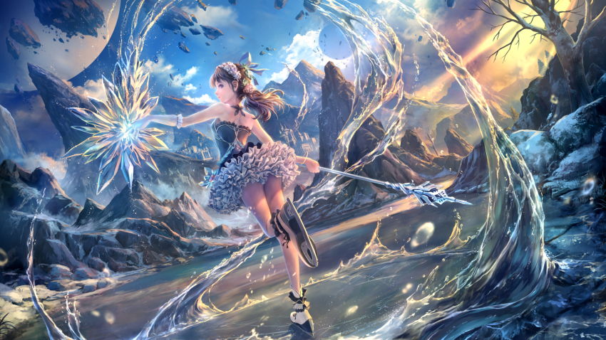 1girl back bare_legs brown_hair dress fantasy female_focus floating_rock frills full_body gloves hair_ribbon halterneck head_wreath highres hydrokinesis ice ice_skates ice_skating looking_at_viewer low_ponytail magic mountain original outdoors pantyhose ponytail purple_eyes ribbon scenery single_glove skates skating snow solo soraizumi staff strapless strapless_dress tree tutu water winter