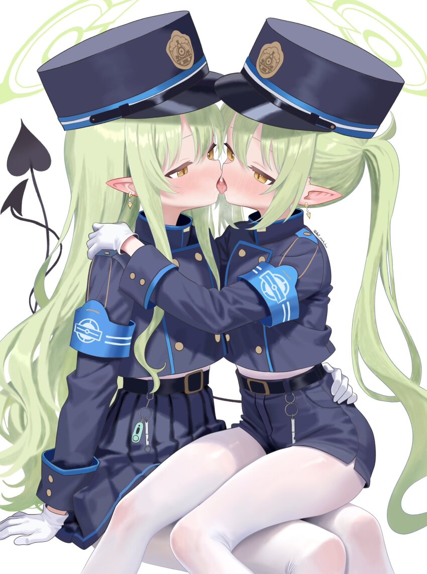 2girls arm_support armband art_crab belt black_belt black_tail blue_archive blue_armband blue_hat blue_jacket blue_shorts blue_skirt blush demon_tail dress earrings eye_contact feet_out_of_frame french_kiss gloves green_hair green_halo hair_between_eyes halo hand_on_another&#039;s_shoulder hand_on_another&#039;s_waist hat highres hikari_(blue_archive) incest jacket jewelry kepi kiss long_hair long_sleeves looking_at_another military_hat multiple_girls nozomi_(blue_archive) open_mouth pantyhose pleated_dress pointy_ears short_hair shorts siblings simple_background sisters sitting sitting_on_lap sitting_on_person skirt tail tail_raised tongue tongue_out twincest twins twintails very_short_hair white_background white_gloves white_pantyhose yellow_eyes yuri