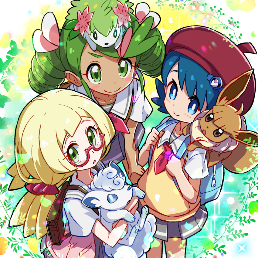 3girls alolan_form alolan_vulpix backpack bag beret blonde_hair blue_eyes blue_hair blush_stickers commentary_request creatures_(company) dark_skin dark-skinned_female drill_hair eevee game_freak gen_1_pokemon gen_4_pokemon gen_7_pokemon glasses green_eyes green_hair grey_skirt hair_ornament hand_on_own_knee hat highres holding holding_pokemon kingin lana_(pokemon) legendary_pokemon lillie_(pokemon) long_hair looking_at_viewer mallow_(pokemon) multiple_girls mythical_pokemon nintendo on_head on_shoulder open_mouth pleated_skirt pokemon pokemon_(anime) pokemon_(creature) pokemon_on_head pokemon_on_shoulder pokemon_sm113 pokemon_sm_(anime) ponytail popplio red-framed_eyewear red_headwear sailor_collar school_bag school_uniform semi-rimless_eyewear serafuku shaymin shaymin_(land) shirt short_hair short_sleeves skirt smile twin_drills twintails under-rim_eyewear white_sailor_collar white_shirt