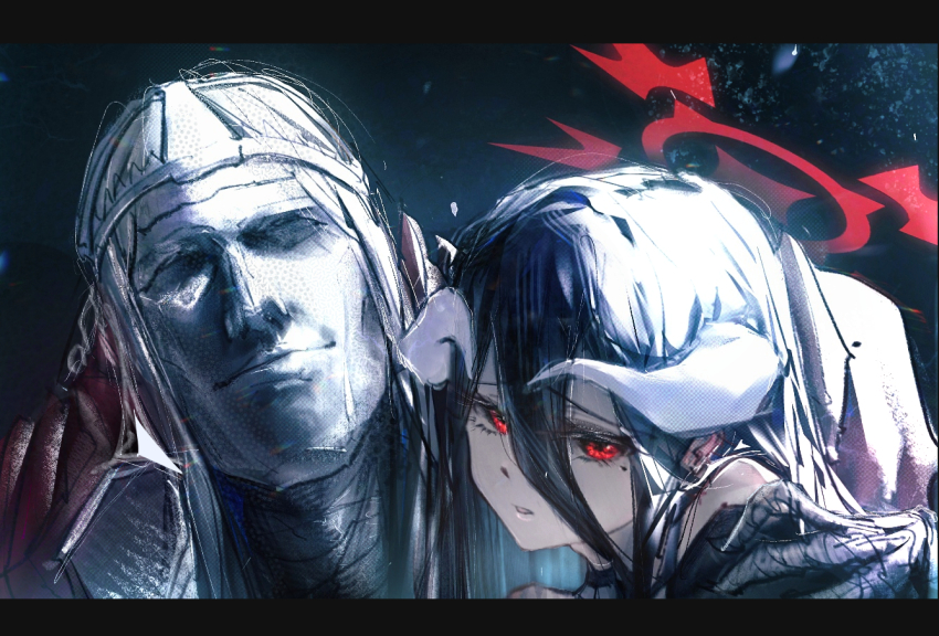 1boy 1girl black_hair blue_archive cancer.b0ss cloak crown demon_girl demon_horns hair_between_eyes hasumi_(blue_archive) horns long_bangs long_hair looking_at_viewer mask mole mole_under_eye phrenapates_(blue_archive) red_cloak sidelocks smile
