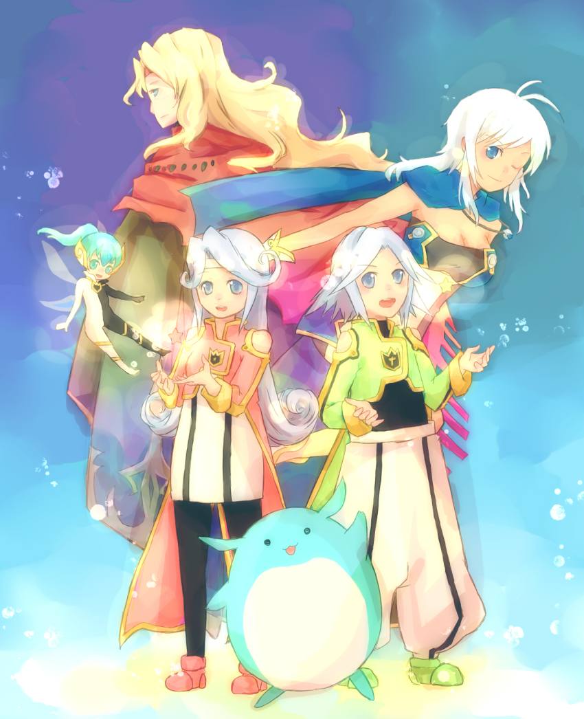 2boys 3girls ahoge aqua_eyes aqua_hair blonde_hair blue_background blue_eyes bodysuit breasts cape cleavage coat creature dhaos dio_(tales) dress elbow_gloves etos_(tales) gloves grey_hair headgear highres jewelry kuruuru long_hair mel_(tales) midriff multiple_boys multiple_girls necklace open_mouth pants pantyhose ponytail ring rondorine_e._effenberg scarf shoes short_hair shorts smile star_(symbol) tales_of_(series) tales_of_phantasia tales_of_phantasia:_narikiri_dungeon tales_of_phantasia:_narikiri_dungeon_x wings