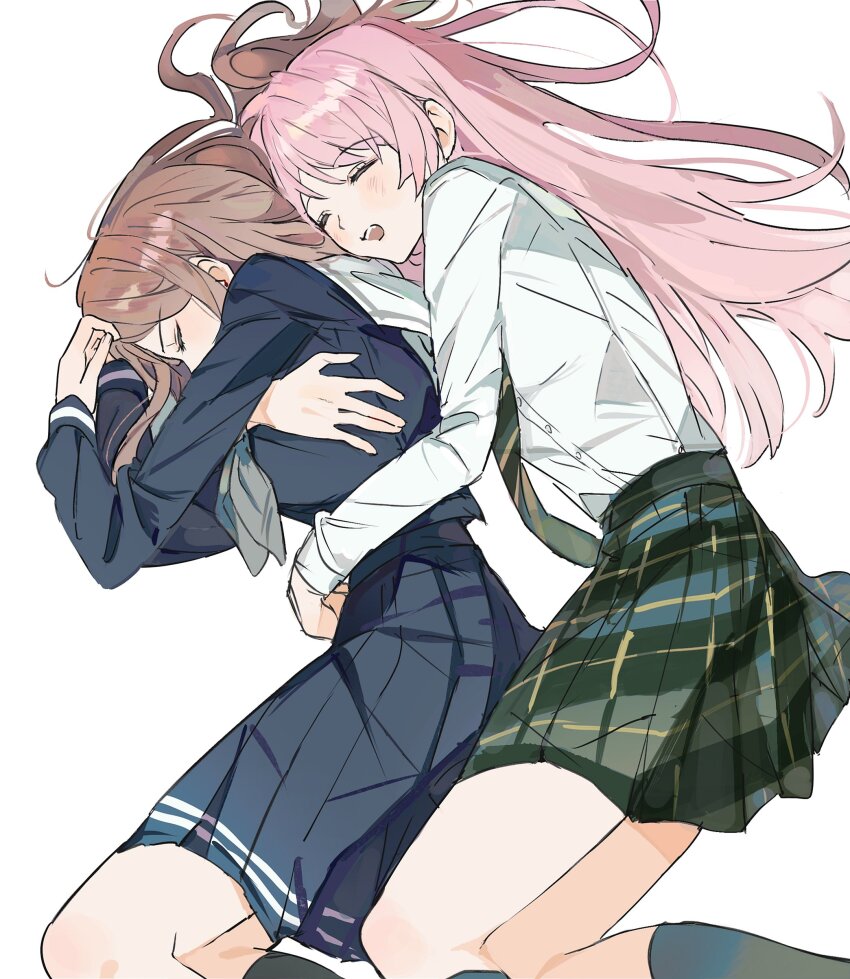 2girls absurdres bang_dream! bang_dream!_it&#039;s_mygo!!!!! blue_shirt blue_skirt blush brown_hair chibiya1010 chihaya_anon closed_eyes commentary_request cuddling green_necktie green_skirt grey_neckerchief haneoka_school_uniform highres hug hug_from_behind kneehighs korean_commentary long_hair long_sleeves multiple_girls nagasaki_soyo neckerchief necktie open_mouth pink_hair plaid_clothes plaid_skirt pleated_skirt sailor_collar school_uniform shirt simple_background skirt socks tsukinomori_school_uniform white_background white_sailor_collar white_shirt yuri