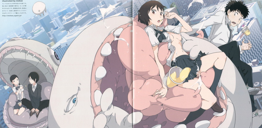 2boys 2girls black_hair bow bowtie brown_eyes brown_hair cenco cencoroll highres huge_tongue kei_(cencoroll) kneehighs mebae monster multiple_boys multiple_girls necktie nipple_slip nipples open_clothes open_mouth open_shirt pleated_skirt scan school_uniform shirt shoes short_hair shuu_(cencoroll) skirt socks tetsu_(cencoroll) vore yuki_(cencoroll)