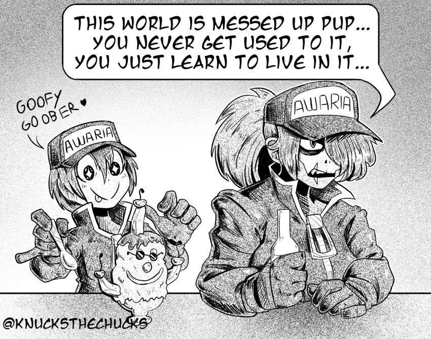 +_+ 2girls :p awaria baba_yaga_(awaria) banana_split bottle c: cherry closed_mouth collared_jacket elbows_on_table food fruit gloves greyscale hair_over_one_eye hat holding holding_bottle holding_spoon ice_cream jacket knucksthechucks long_sleeves medium_hair monochrome multiple_girls one_eye_covered open_mouth ponytail scar scar_on_face scar_on_mouth short_hair sitting smile speech_bubble split_mouth spongebob_squarepants_(series) spoon the_spongebob_squarepants_movie tongue tongue_out twitter_username ula_usterka