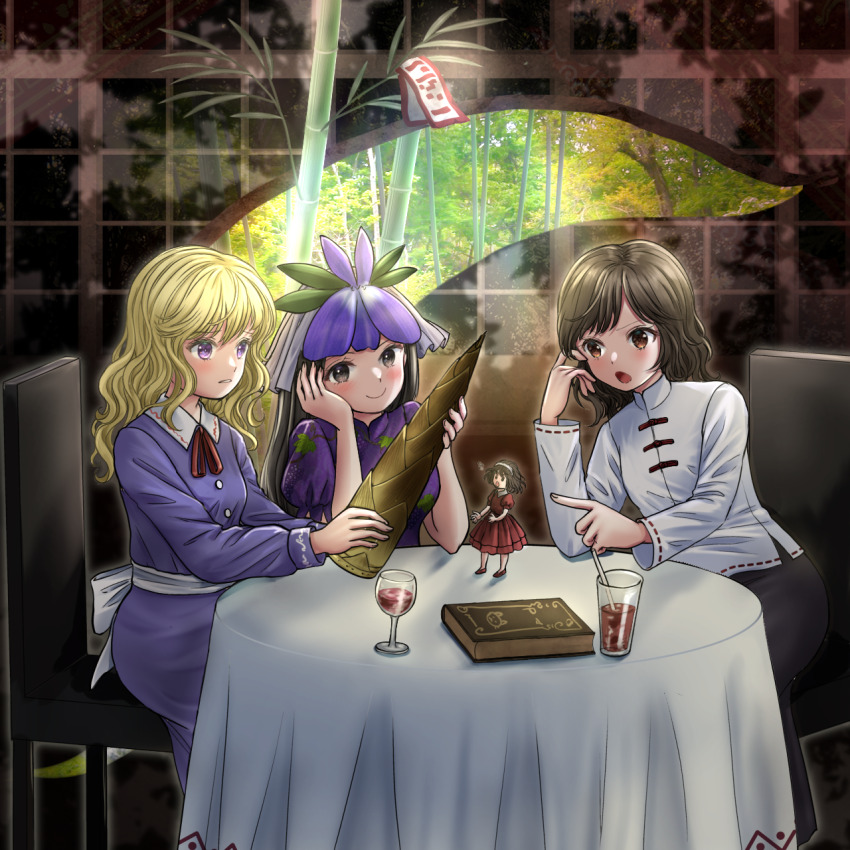 3girls bamboo bamboo_forest bamboo_shoot black_hair black_skirt blonde_hair book brown_eyes chair changeability_of_strange_dream charm_(object) chinese_clothes cup doll dress drinking_glass feet_out_of_frame forest gap_(touhou) glass highres kyabekko maribel_hearn multiple_girls nature no_headwear puffy_short_sleeves puffy_sleeves purple_dress purple_eyes short_sleeves sitting skirt tablecloth touhou usami_renko wine_glass yomotsu_hisami